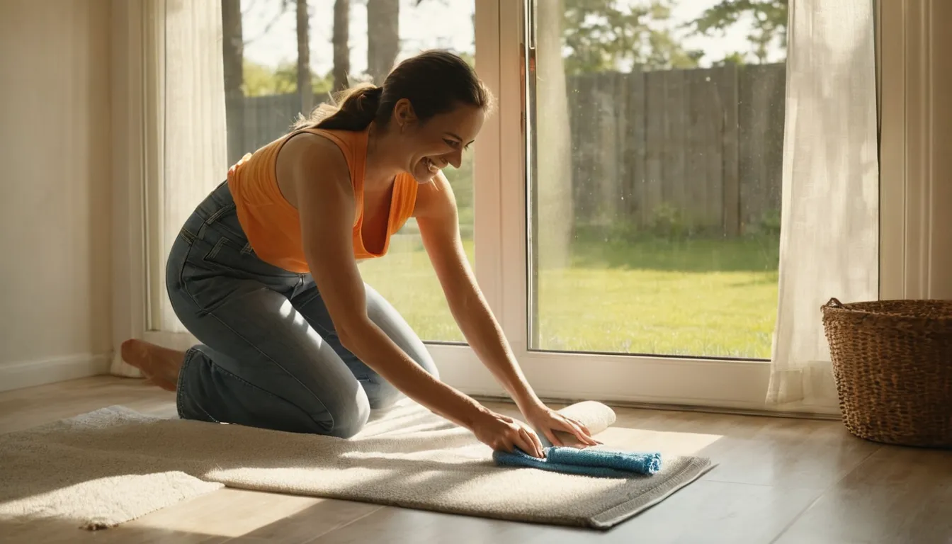 Homeowner wiping a window track during seasonal upkeep